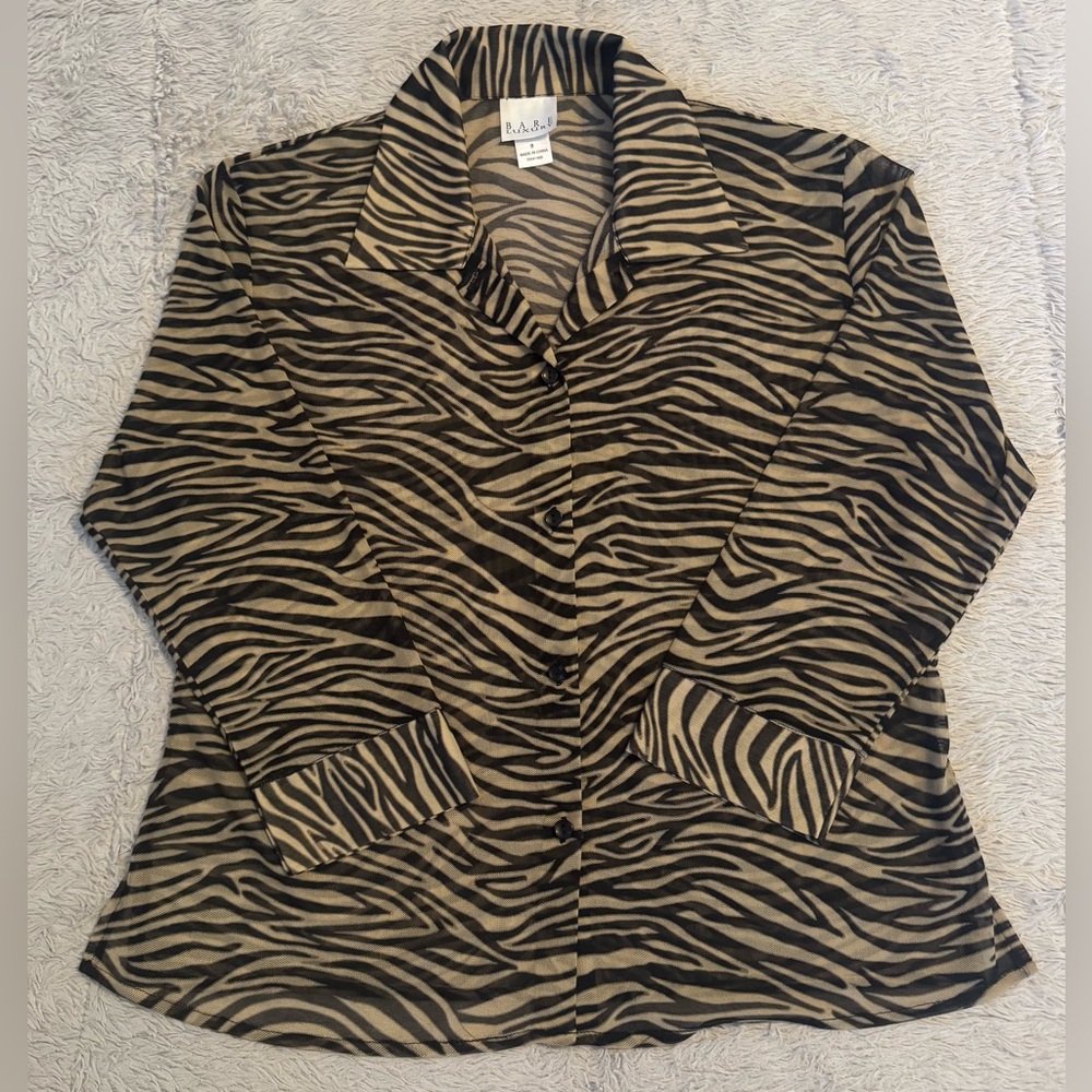 Bare Luxury Sheer Tan & Black Button Down Shirt w/ Relaxed Notched Collar NWOT